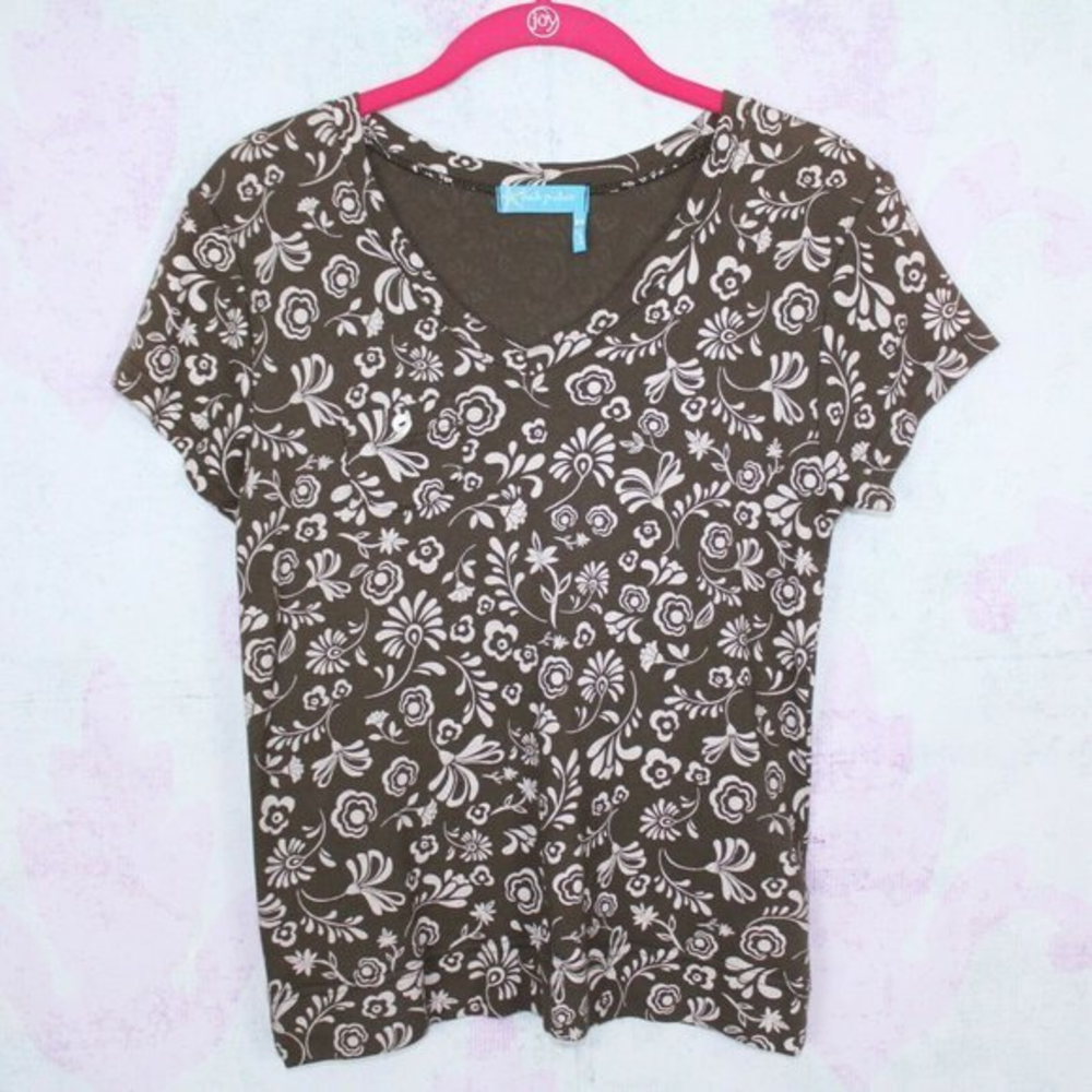 Fresh Produce XS Brown Floral Cotton V-Neck‎ TShirt